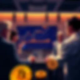A group of people discussing Bitcoin investments with charts and graphs on a screen, portraying different opinions and sentiments about the cryptocurrency.