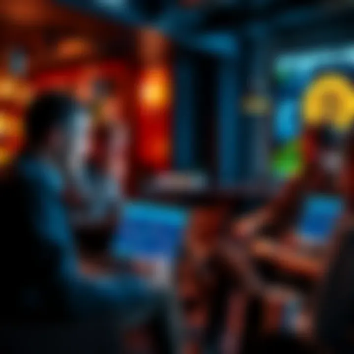 A group of people debating about Bitcoin investments in a casual setting with charts on laptops, showing fluctuations in value.