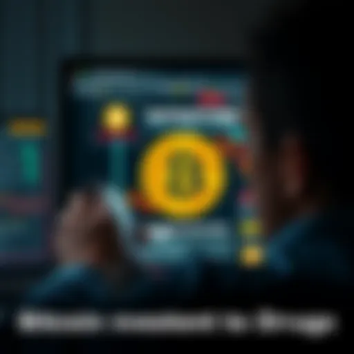 A person looking at a Bitcoin wallet on a computer screen with a dark web site in the background, reflecting on past investments.