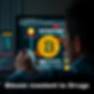 Bitcoin Investment for Drugs A person looking at a Bitcoin wallet on a computer screen with a dark web site in the background, reflecting on past investments.