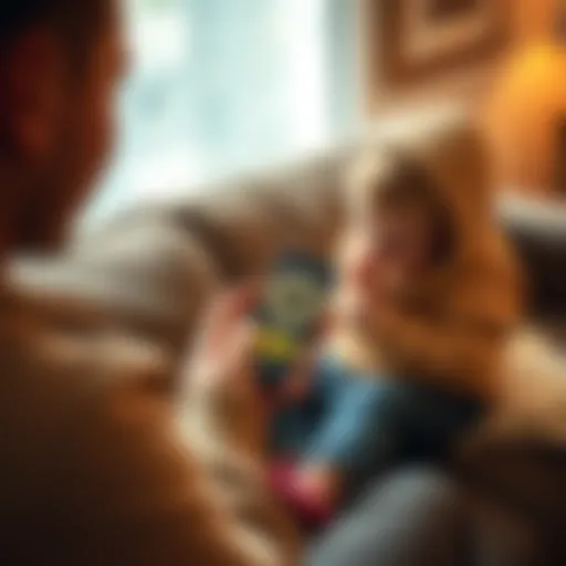 Bitcoin Investment for Child A parent holds a smartphone displaying a Bitcoin wallet while sitting with their toddler on a couch, discussing cryptocurrency investment.