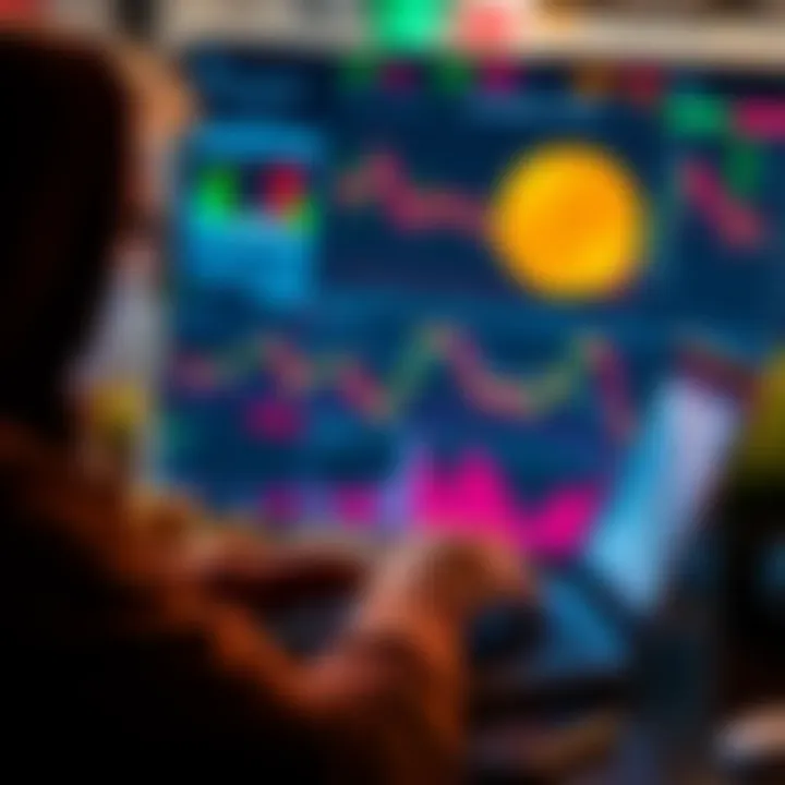 A person analyzing Bitcoin charts on a laptop with financial graphs and coins in the background.