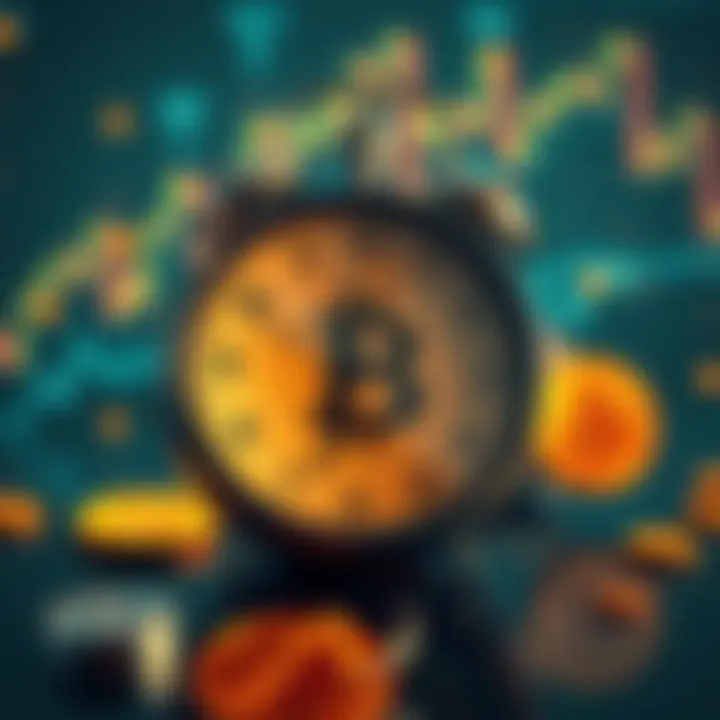 A clock with Bitcoin symbols and financial charts, representing the urgency to invest before upcoming market changes