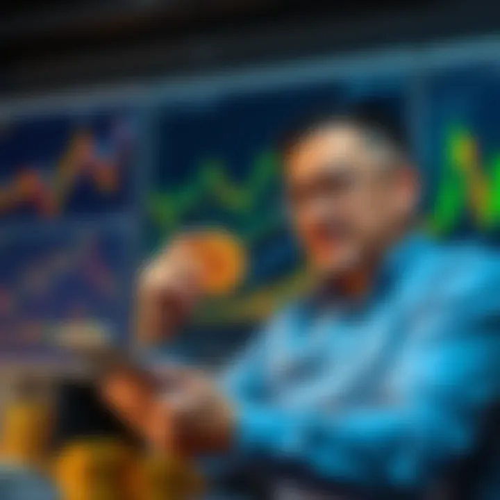 A parent reviewing Bitcoin investment options for their child with charts and graphs in the background