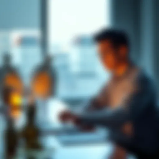 A person sitting at a table with a laptop, planning their bitcoin investment strategy, surrounded by financial symbols like a house and money bags.