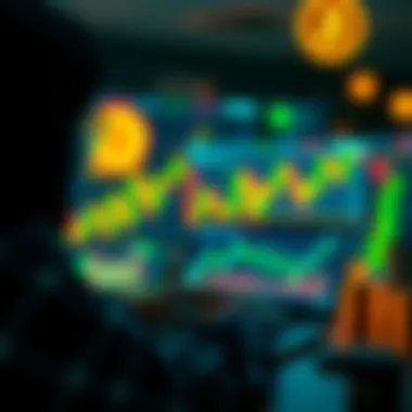 A beginner looking at Bitcoin charts on a laptop with financial graphs and cryptocurrency symbols in the background