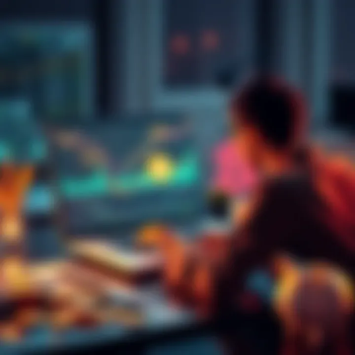 Bitcoin Investment Guide A person analyzing Bitcoin trends on a laptop with financial charts and a piggy bank nearby.