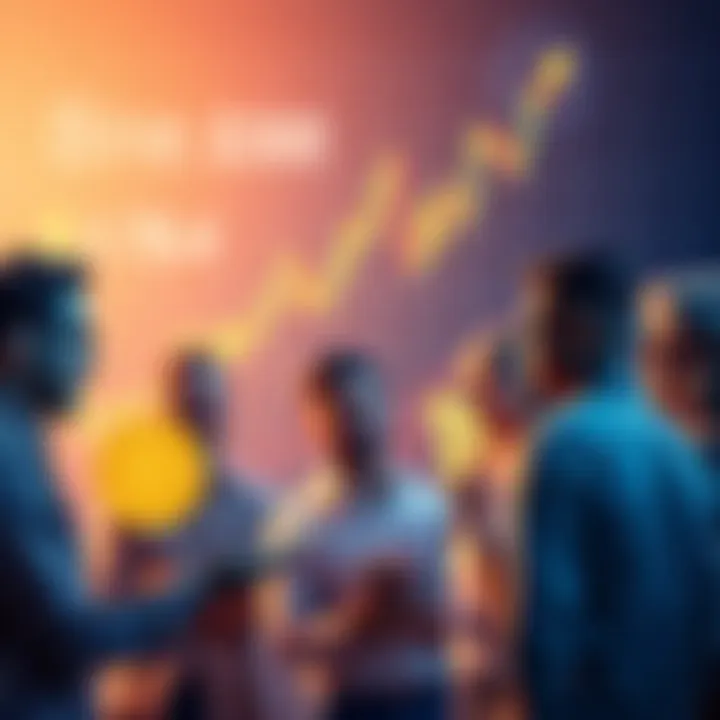 A group of diverse people discussing Bitcoin investments with charts and graphs showing market trends in the background.