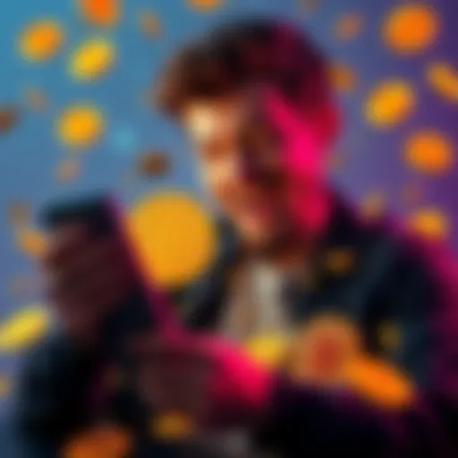 A person laughing while looking at old tweets about Bitcoin on a phone, surrounded by Bitcoin coins