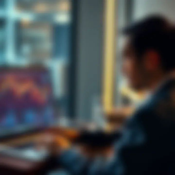 Bitcoin investment insights A person looking concerned while analyzing Bitcoin price charts on a laptop, symbolizing the struggles of bear market investing and dollar-cost averaging.