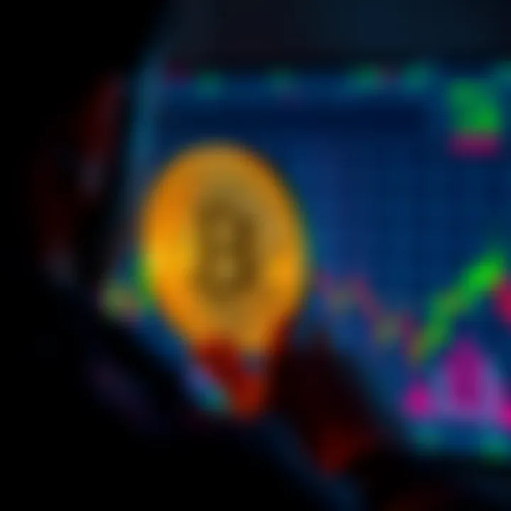 A person looking at a Bitcoin chart with fluctuating prices, considering whether to hold or sell their investment.