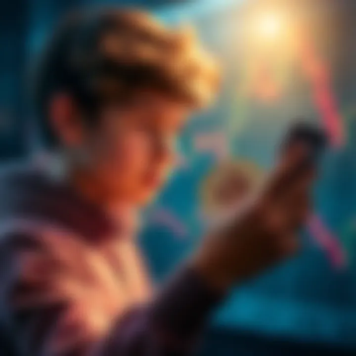 A young person holding a Bitcoin in one hand and calculating weekly investments on a smartphone with graphs in the background.