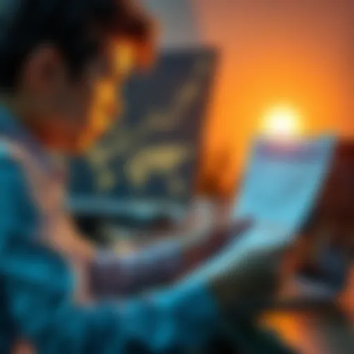 A person analyzing Bitcoin value on a laptop while holding a bank loan document.
