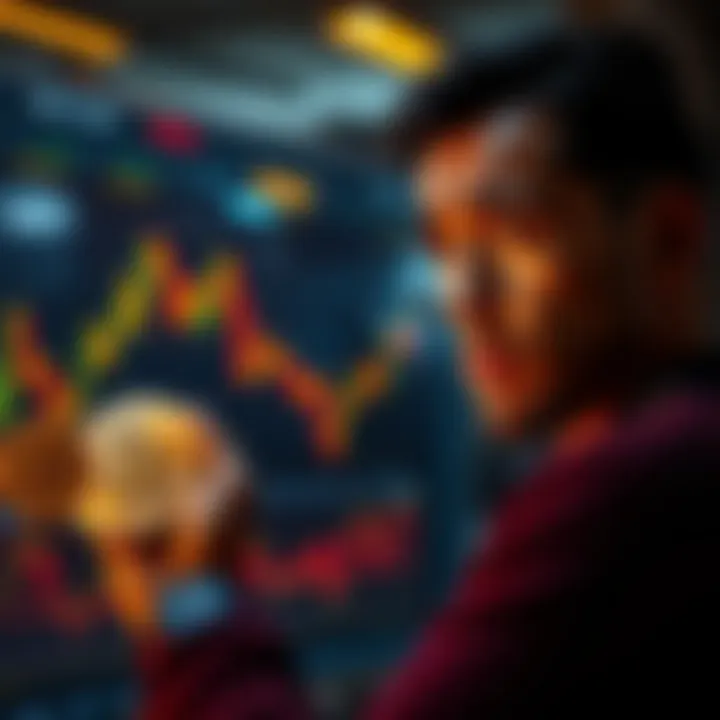Individual examining Bitcoin price charts with a concerned expression, symbolizing investment losses and recovery efforts
