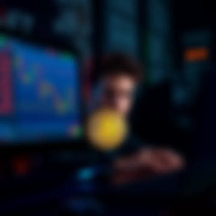 A person looking stressed while monitoring Bitcoin prices on a computer screen, with a graph showing a sharp decline in value.