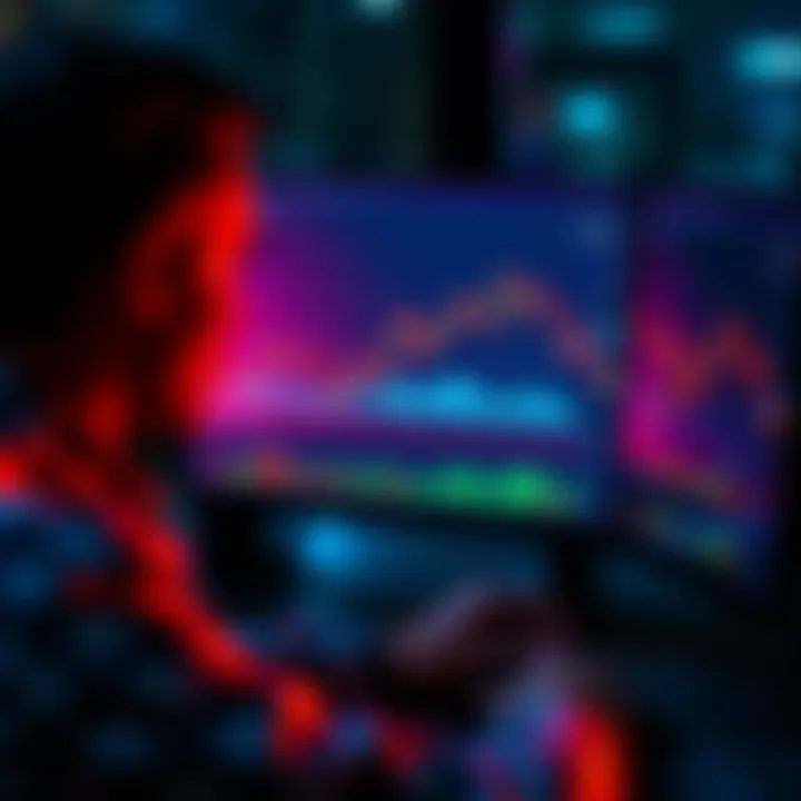 A person analyzing Bitcoin charts on a computer, with graphs and currency symbols in view.