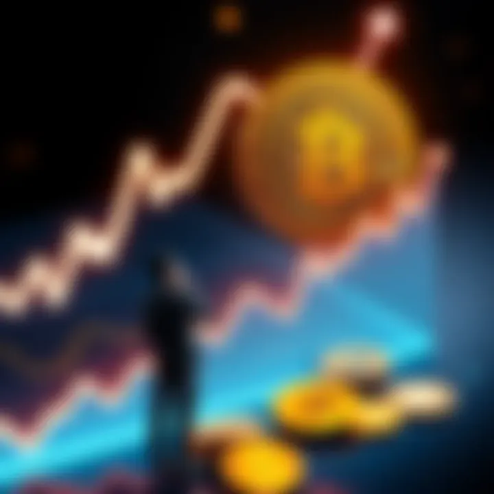 A graph showing the rising trend of Bitcoin prices with a person contemplating investment, surrounded by cryptocurrency symbols.
