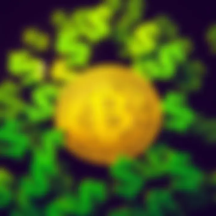 A Bitcoin symbol surrounded by green dollar signs, representing investment opportunities and financial growth.