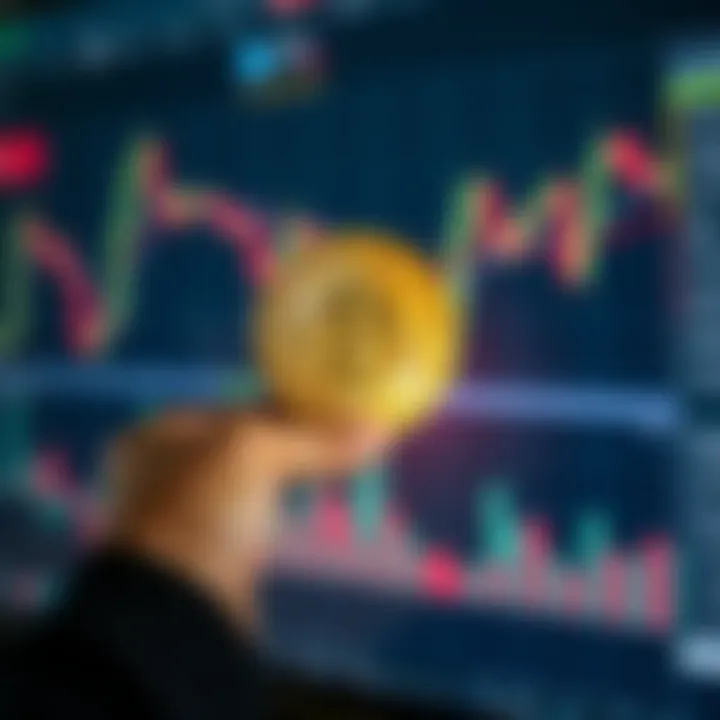 A person holding a Bitcoin in one hand with stock market charts in the background, illustrating the potential of investing in Bitcoin during uncertain times.