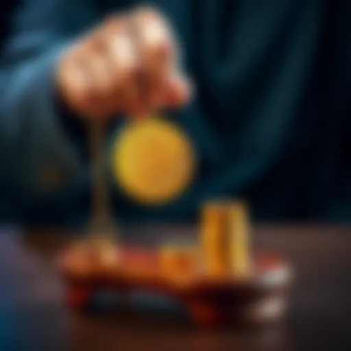 A person weighing gold coins and a Bitcoin symbol to represent investment options
