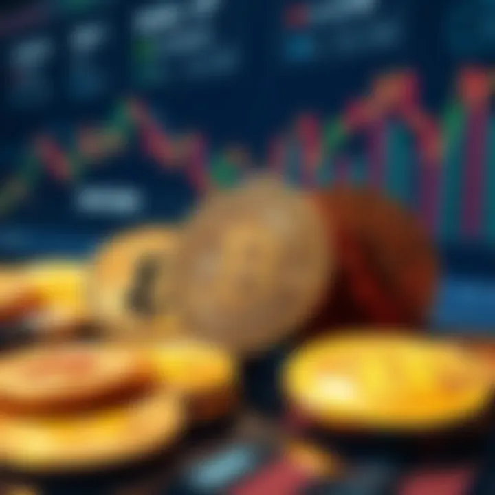 A graphic showing 10 shiny Bitcoin coins with investment graphs and shopping icons in the background.