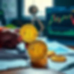 A person comparing physical Bitcoin and a BTC ETF on a table with financial charts and documents around them.