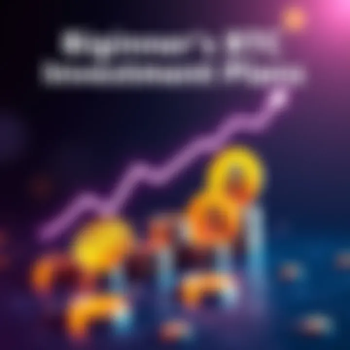 Bitcoin Investment Plan A graph showing potential returns from a monthly Bitcoin investment of fifteen dollars with upward trends and coins illustrated
