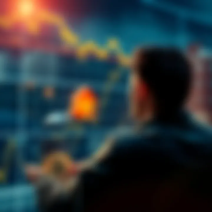 A person looking at a chart showing Bitcoin's growth, with a small house and car in the background, symbolizing minimal traditional investments.