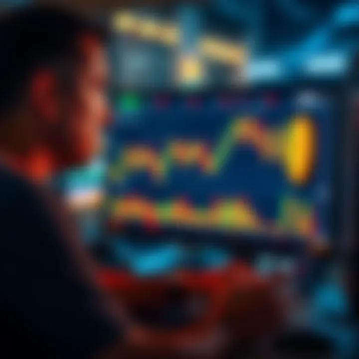 An investor looking at Bitcoin price charts on a computer screen, contemplating reinvestment after a price dip.