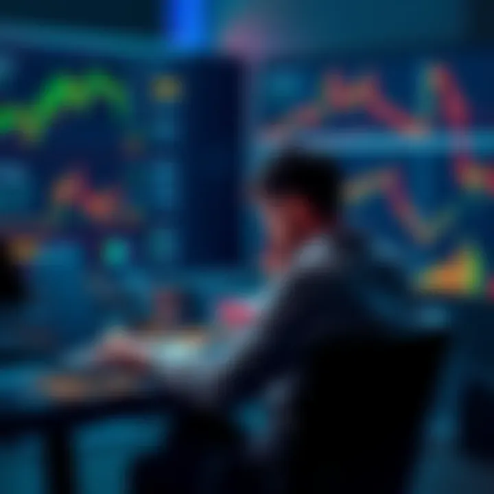 A person sits at a desk with a laptop, looking worried about missed Bitcoin investment opportunities, surrounded by financial charts and graphs