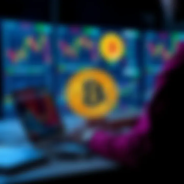 A person researching Bitcoin investment on a laptop, surrounded by financial charts and graphs.