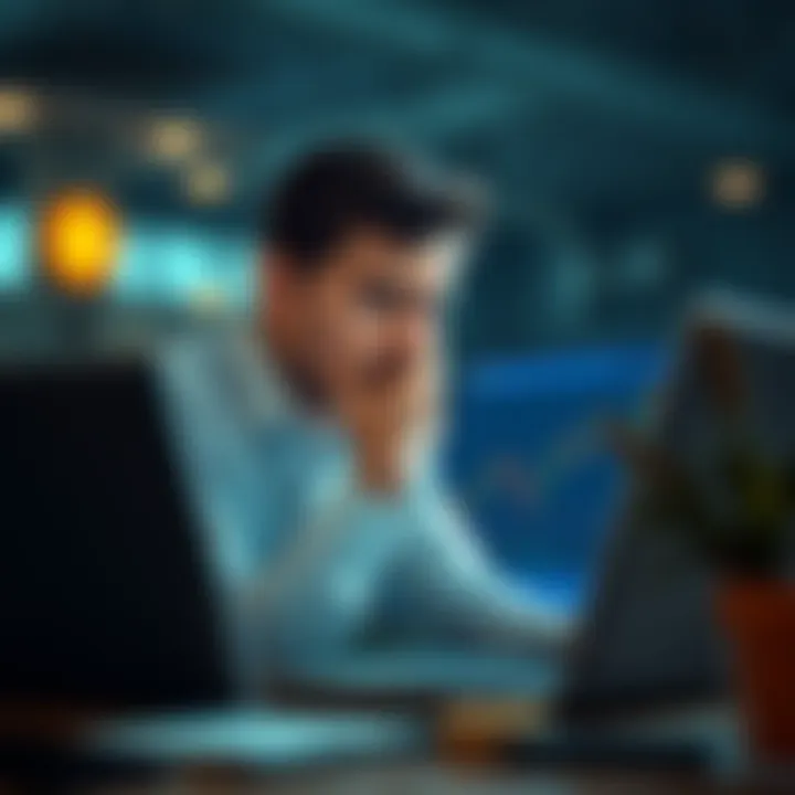 A worried investor looking at a Bitcoin chart on a laptop, pondering financial decisions.