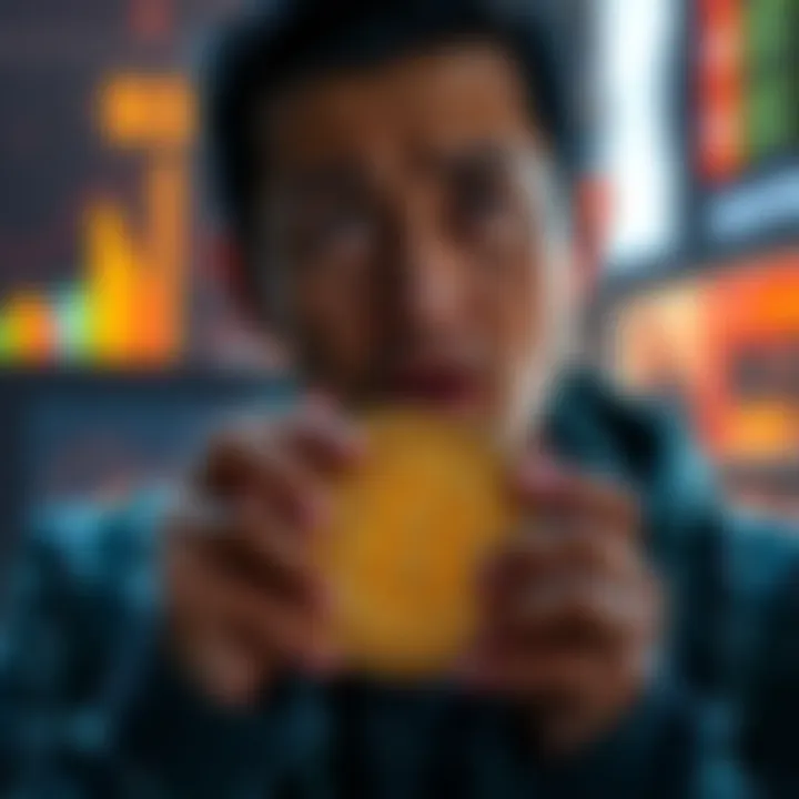 A person holding a Bitcoin symbol while looking worried about market changes, showing tension in their expression