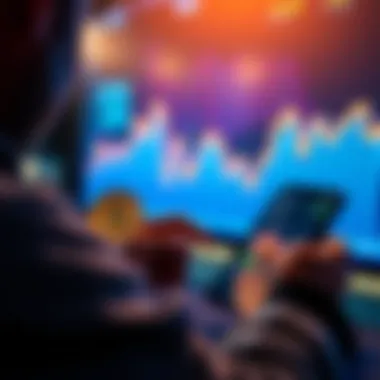 A person setting up a monthly auto deposit for Bitcoin on a digital device, with a graph showing upward market trends in the background.
