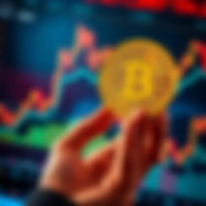 Bitcoin Investment Strategies A person holding a Bitcoin symbol, weighing options between lump sum investment and dollar-cost averaging strategy, with charts in the background.