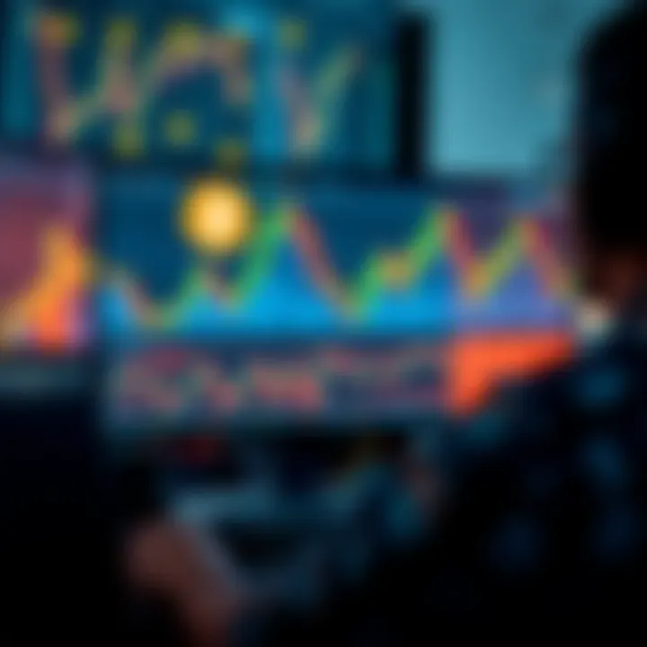 A graphic showing a person analyzing Bitcoin charts and investment strategies on a computer screen with dollar signs and graphs in the background.