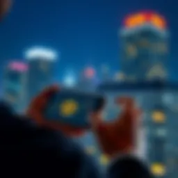 A person contemplating over Bitcoin investment, holding a smartphone displaying a Bitcoin chart, representing holding and dollar-cost averaging strategies.