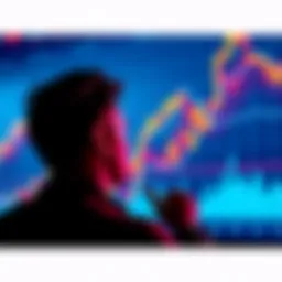 A person contemplating Bitcoin investment with a chart showing short-term and long-term trends in the background.