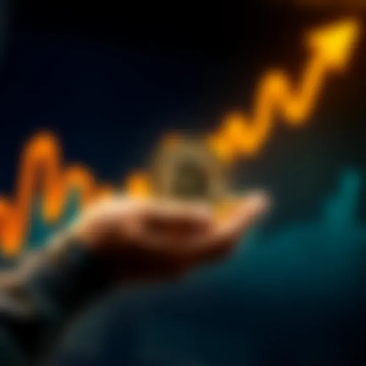 A graphic showing a person holding Bitcoin coins with a chart displaying an upward trend in the background, symbolizing Dollar Cost Averaging and long-term investment strategies.