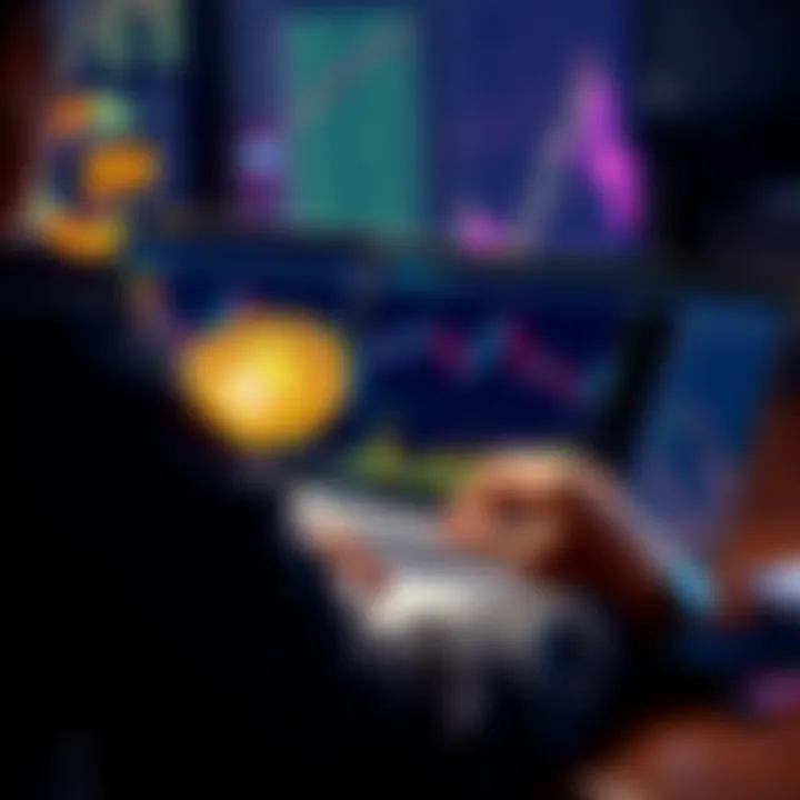 A person analyzing Bitcoin trends on a laptop with charts and graphs displayed.