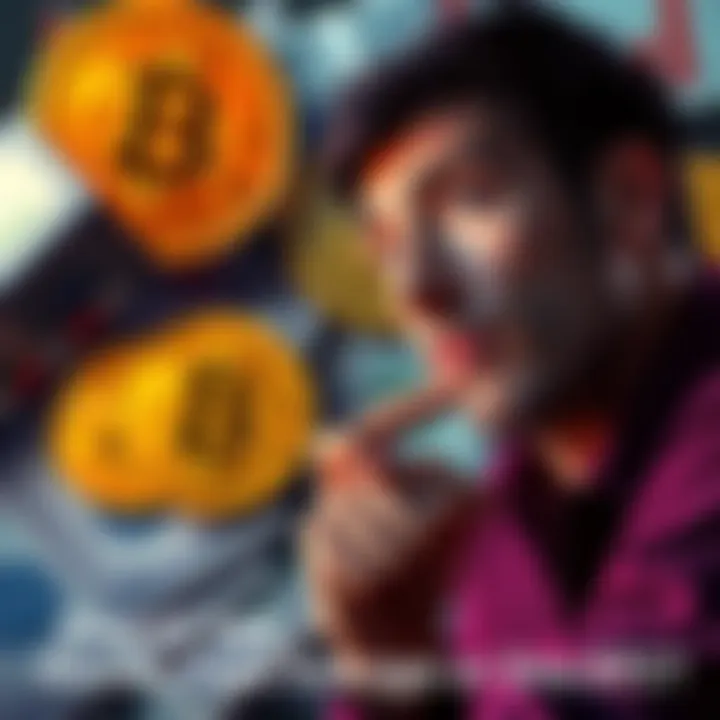 A person contemplating whether to buy Bitcoin outright or dollar-cost average, with images of Bitcoin and cash in the background