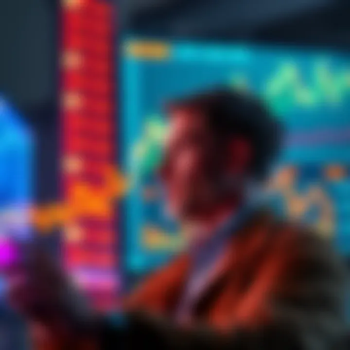 A calm investor looking at a digital screen showing Bitcoin price trends, symbolizing long-term investment patience.