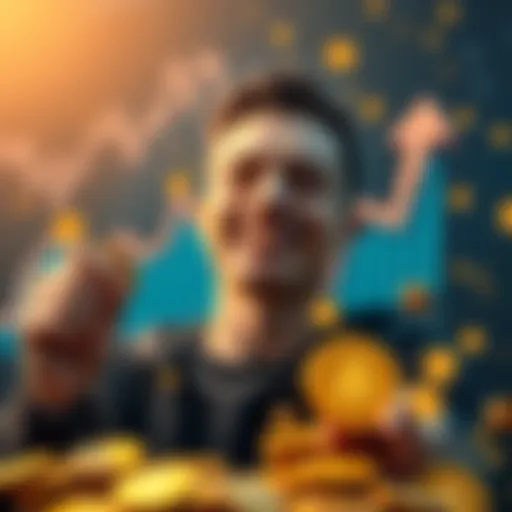 A person holding a Bitcoin while smiling, with a background showing upward market trends and coins scattered around.