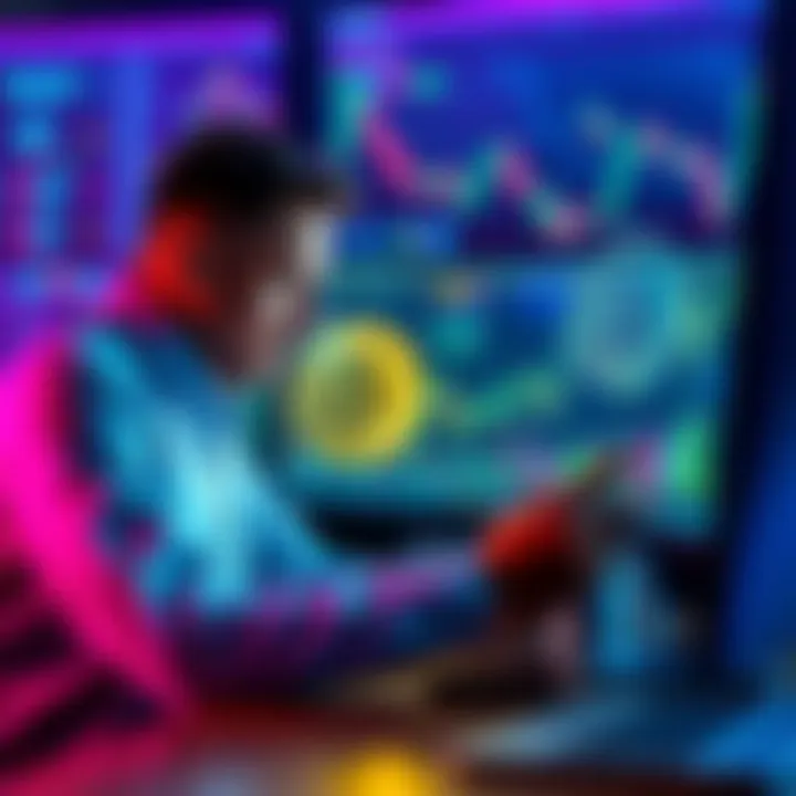 A trader analyzing Bitcoin trends with charts and graphs on a computer screen, symbolizing a bold investment decision.