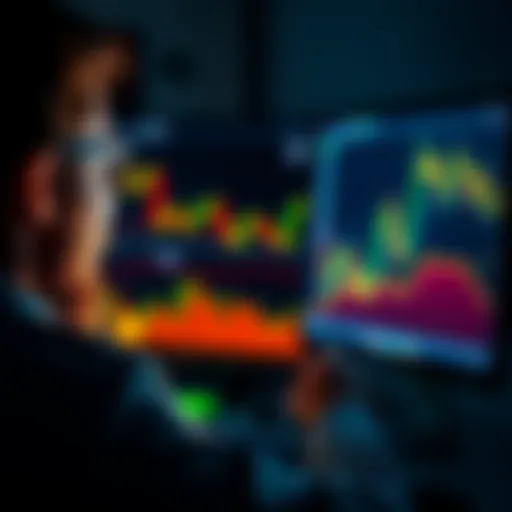 A person looking at fluctuating Bitcoin prices on a computer screen, with graphs and charts showing market trends in the background, contemplating investment decisions.