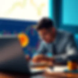 A person analyzing Bitcoin graphs and charts on a laptop with worried expressions, symbolizing market fluctuations and economic concerns.