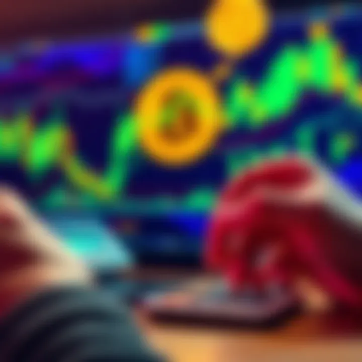A person calculates weekly Bitcoin purchases showing a dollar amount on a calculator and Bitcoin graphics in the background