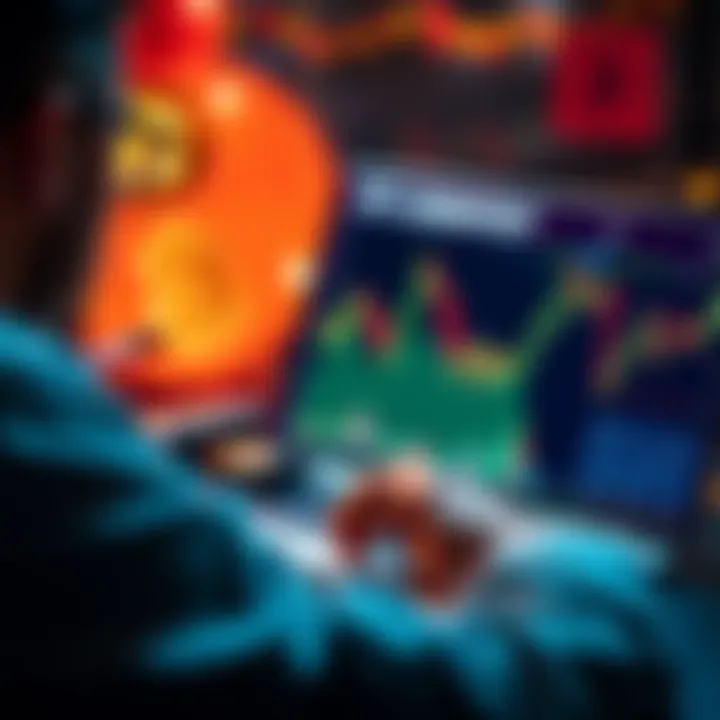 A person analyzing Bitcoin trends on a laptop, with a chart showing market fluctuations and a $10K liquidation threshold highlighted.