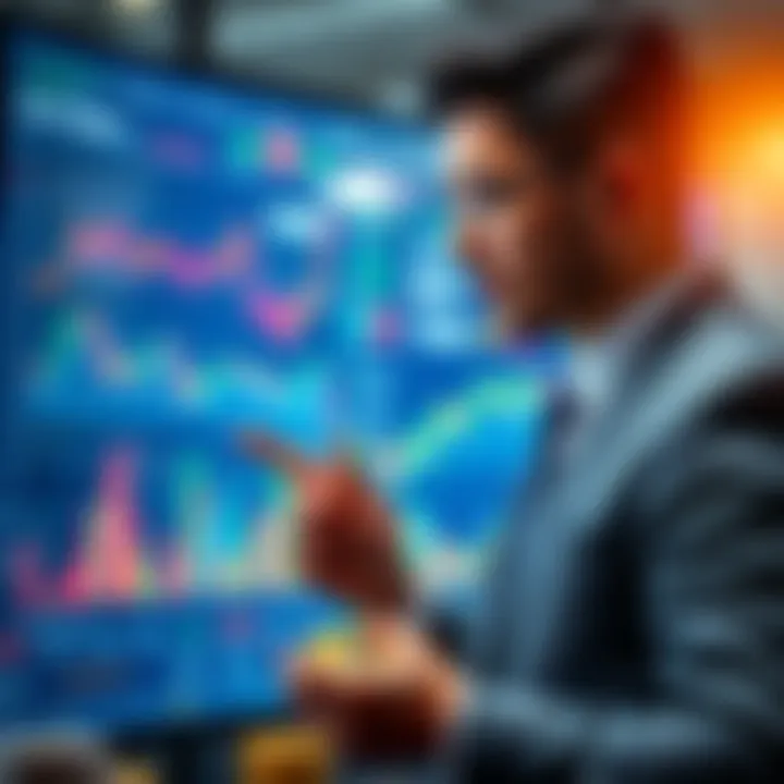 A businessman analyzing Bitcoin market trends with charts and graphs on a digital screen.
