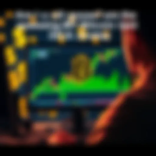 A person looking at a Bitcoin chart on a computer screen, contemplating their investment strategy with dollar signs in the background.
